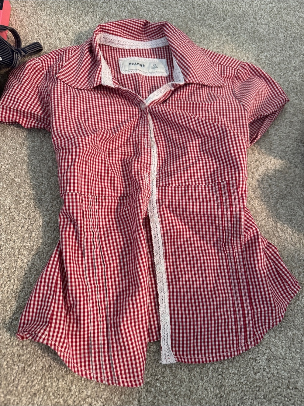 Hollister Red & White Gingham Lace-Trim Button Front Shirt